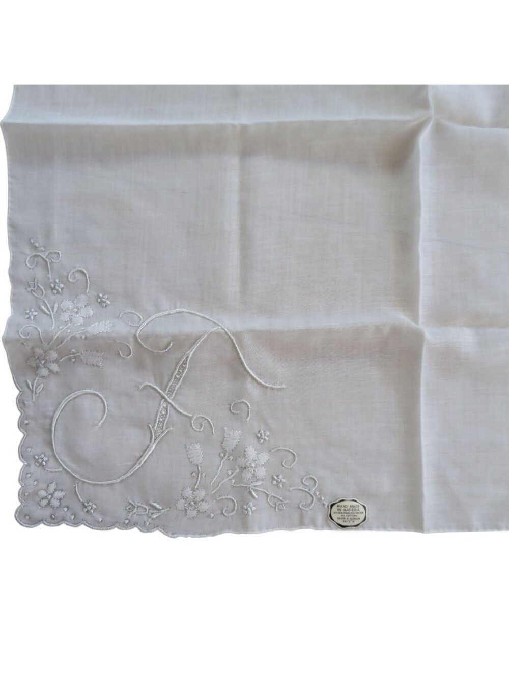 Vintage White Madeira Monogrammed Handkerchief Floral Embroidery Scalloped Edges